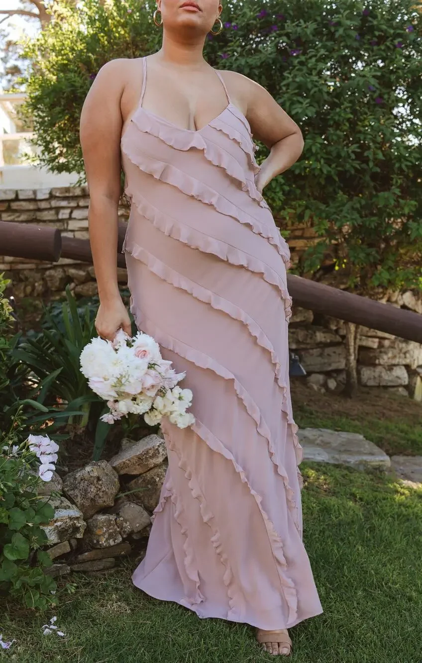 Show Me Your Mumu Romance Ruffle Dress in Neutral Mauve Chiffon XS